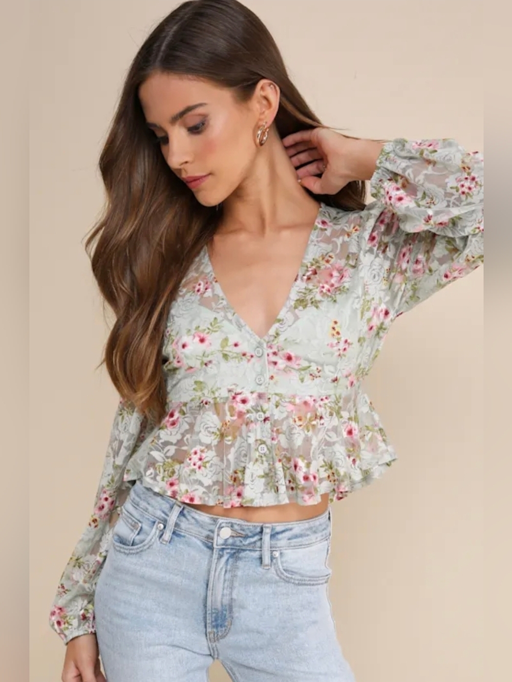 Lulu's Charming Suggestion Sage Floral Lace Peplum Balloon Sleeve Top